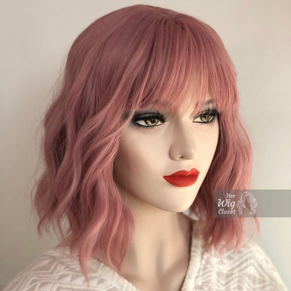 12" Dusty Rose Wavy Bob Wig with Bangs | Katy - Picture 4 of 10